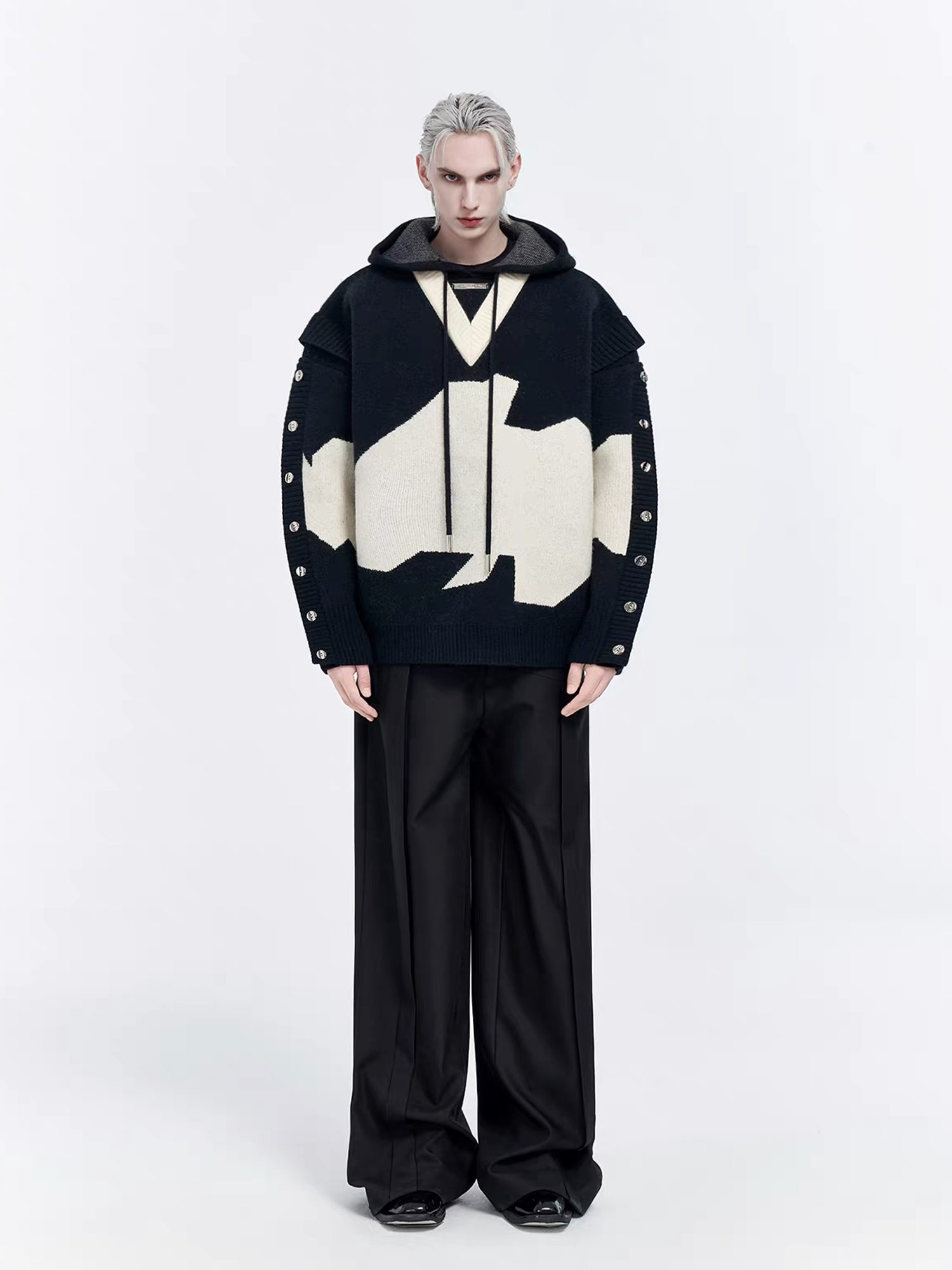 TIWILLTANG Contrast Layered Snap-Sleeves Knit Hoodie