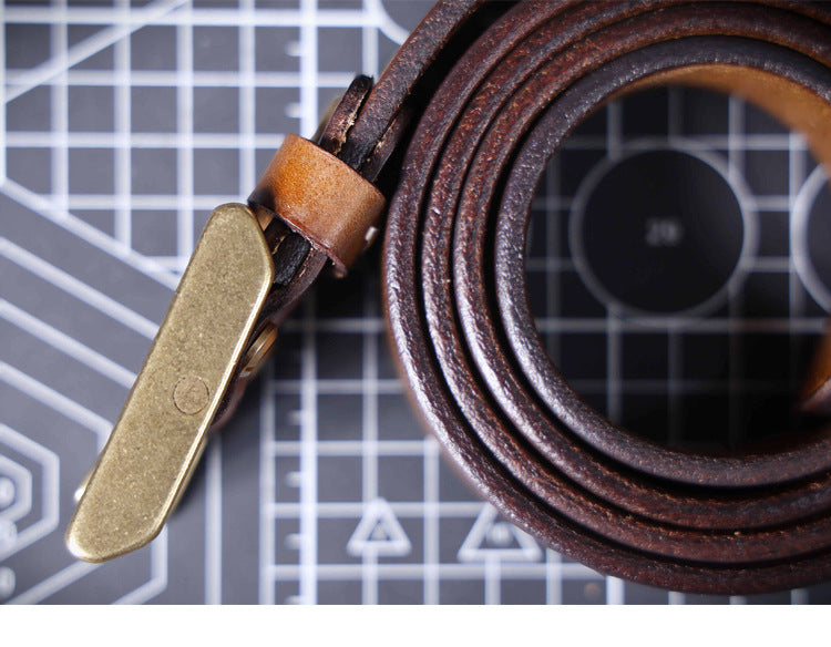 Vintage Men's Genuine Leather Belt Handmade Needle Buckle with Pure Copper Buckle Belt-Leather Belt-Dark Coffee-105cm-Free Shipping Leatheretro