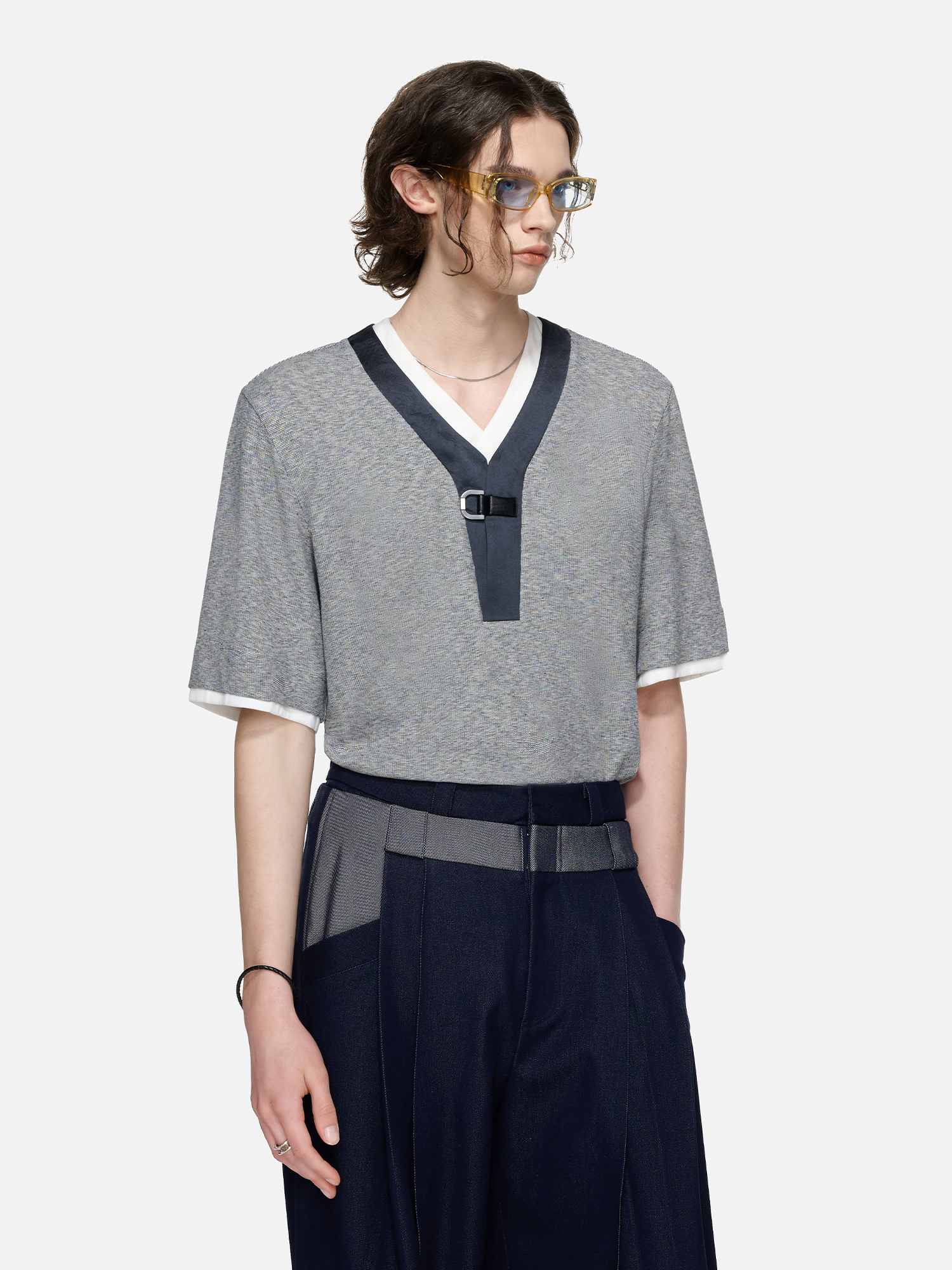 TIWILLTANG Metal Buckle Contrast Trim T-Shirt-T Shirt-S-Free Shipping Leatheretro