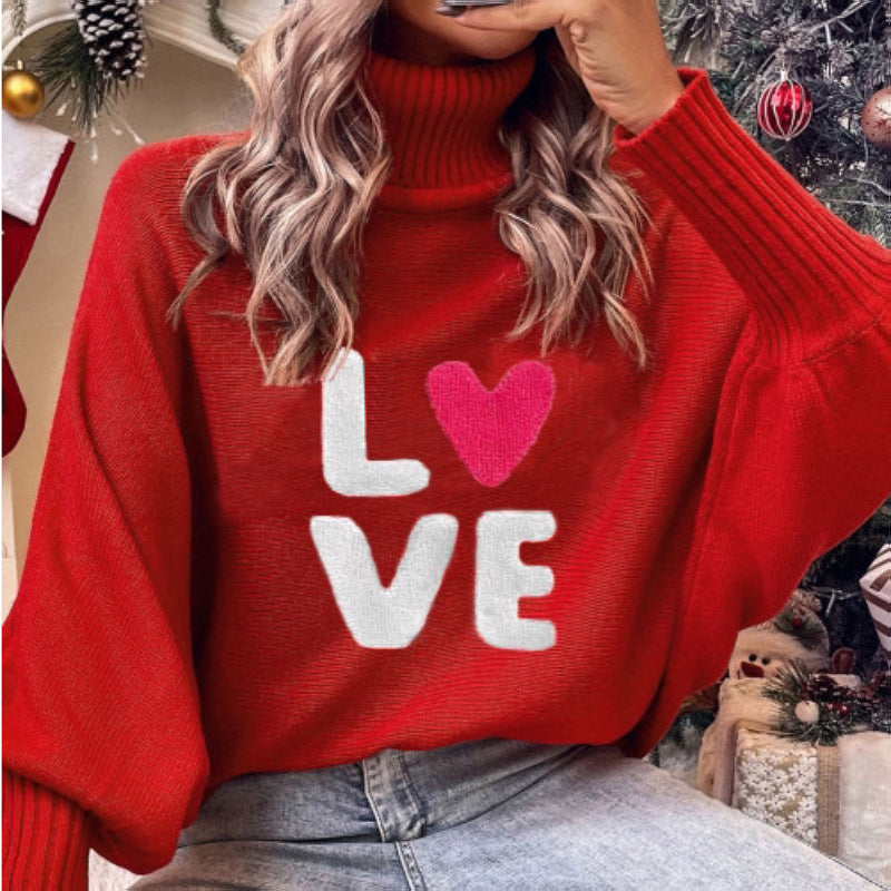 Casual High Neck Winter Loose Knitted Sweaters-Sweater&Hoodies-LOVE Red-S-Free Shipping Leatheretro