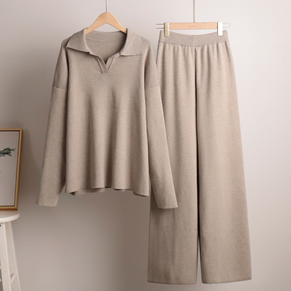 Fashion Winter Polo Neck Knitted Tops & Wide Legs Pants-suits-Khaki-S-Free Shipping Leatheretro