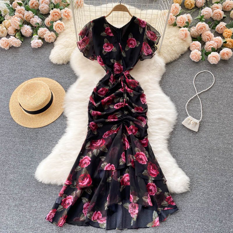 Vintage Luxury Chiffon Mermaid Women Dresses-Dresses-Black-M-Free Shipping Leatheretro