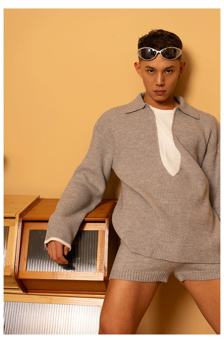 CLP Unisex Ash Black Navy Collar Knit Sweater-Gray-S-Free Shipping Leatheretro