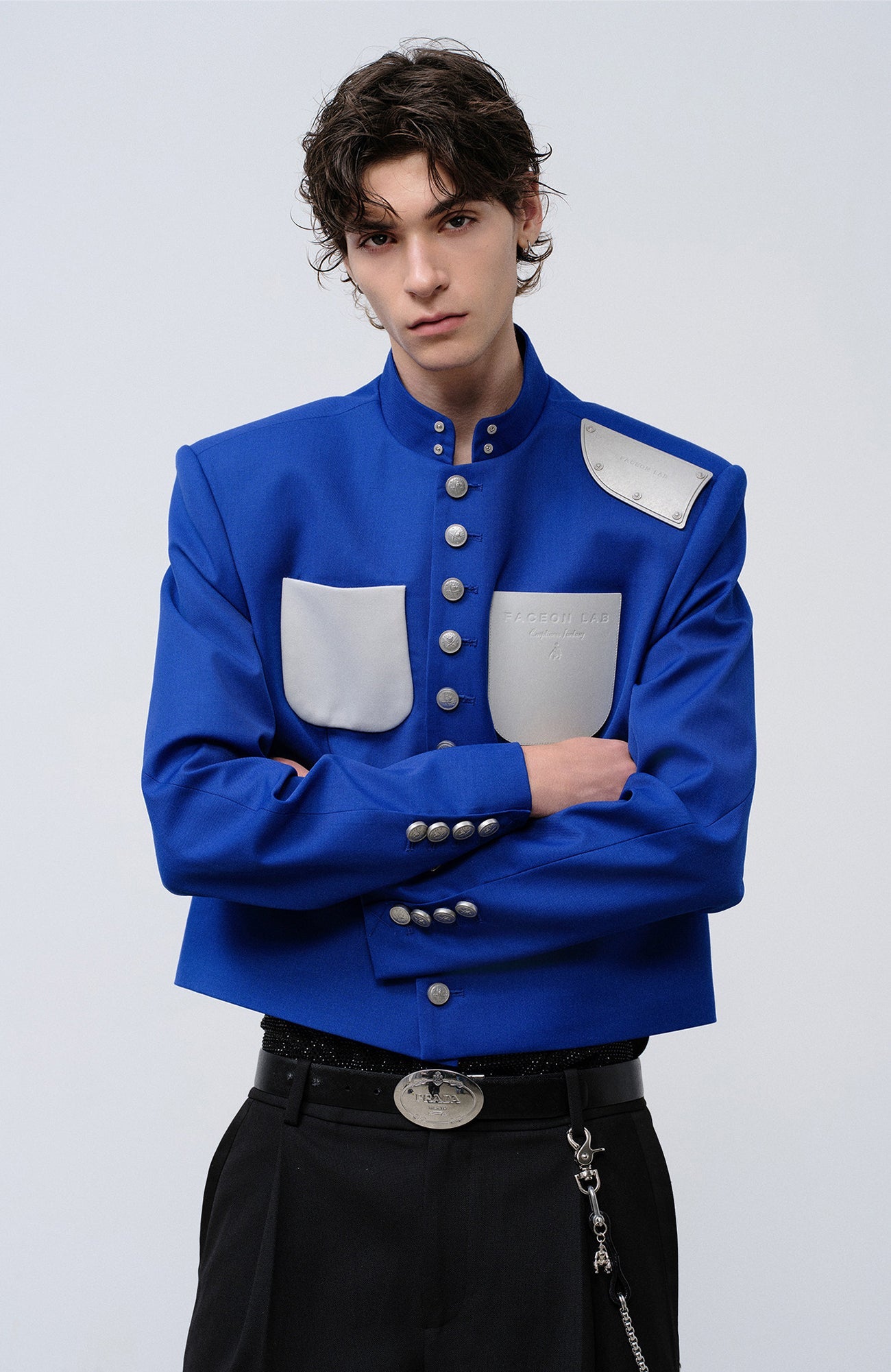 FACEONLAB Stand-Collar Metal-Shoulder Blazer Blue-Jacket-M (Preorder)-Free Shipping Leatheretro