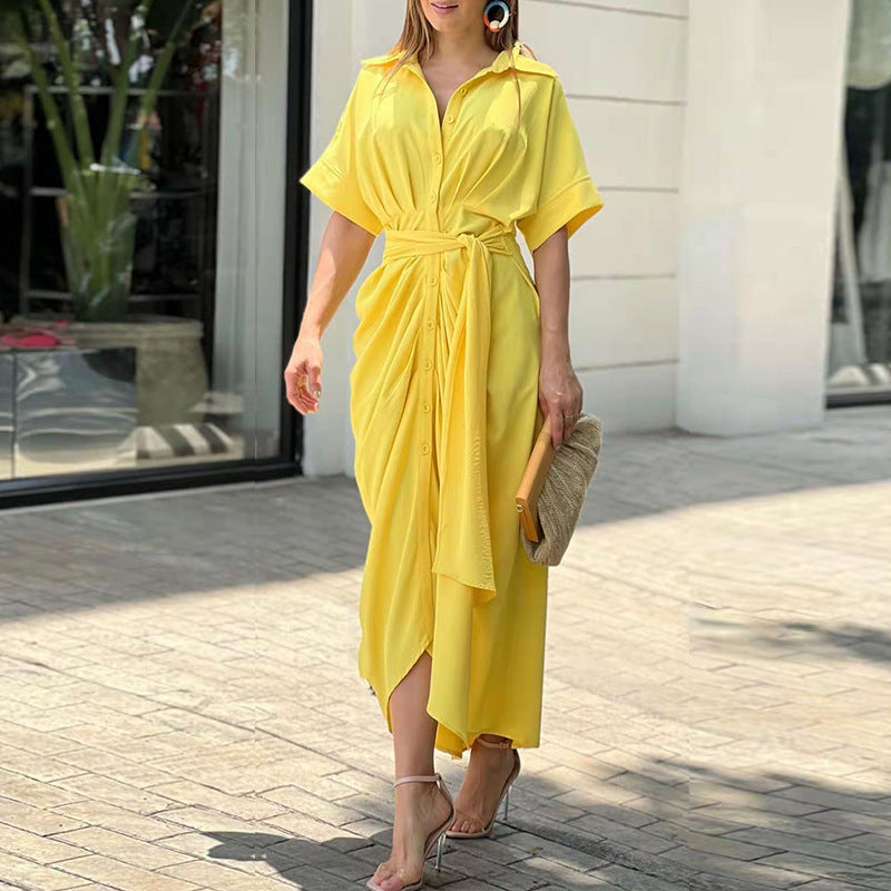 Casual Summer Short Sleeves Shirts Dresses-Dresses-Yellow-S-Free Shipping Leatheretro