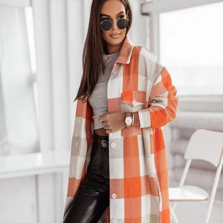 Fashion Colorful Plaid Women Overcoats-Outerwear-Orange-S-Free Shipping Leatheretro