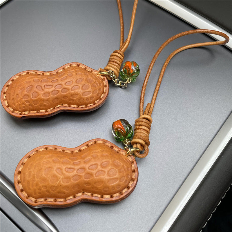 Handmade Genuine Leather Peanut Design Car Rearview Mirror Keychain-Chains-Brown-Free Shipping Leatheretro