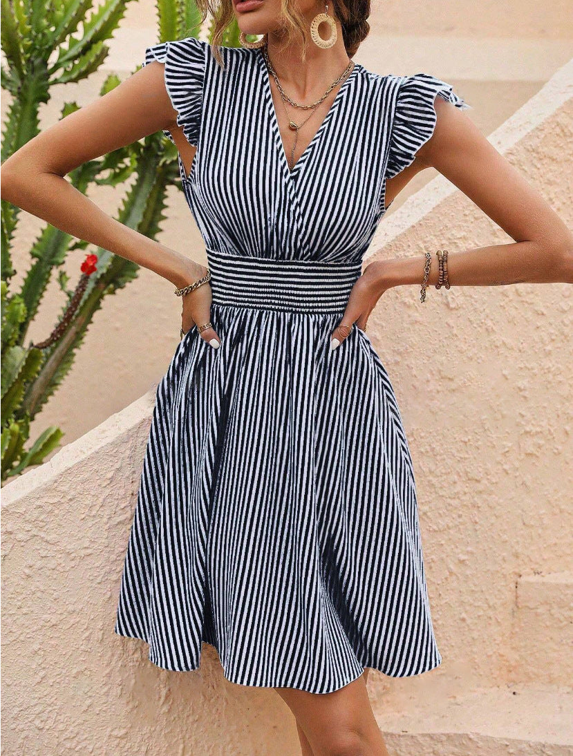 Casual Summer Striped Mini Sun Dresses-Dresses-Black-S-Free Shipping Leatheretro