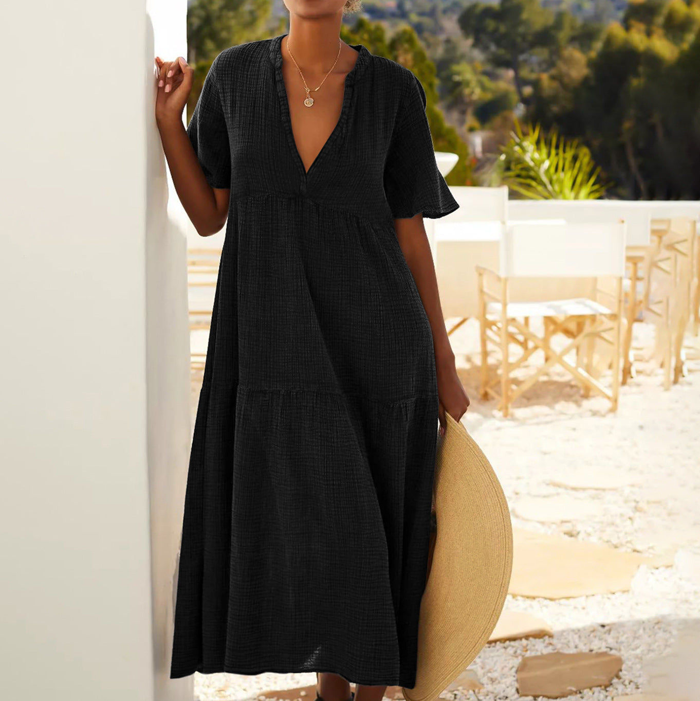 Summer V Neck Long Maxi Dresses-Dresses-Black-S-Free Shipping Leatheretro
