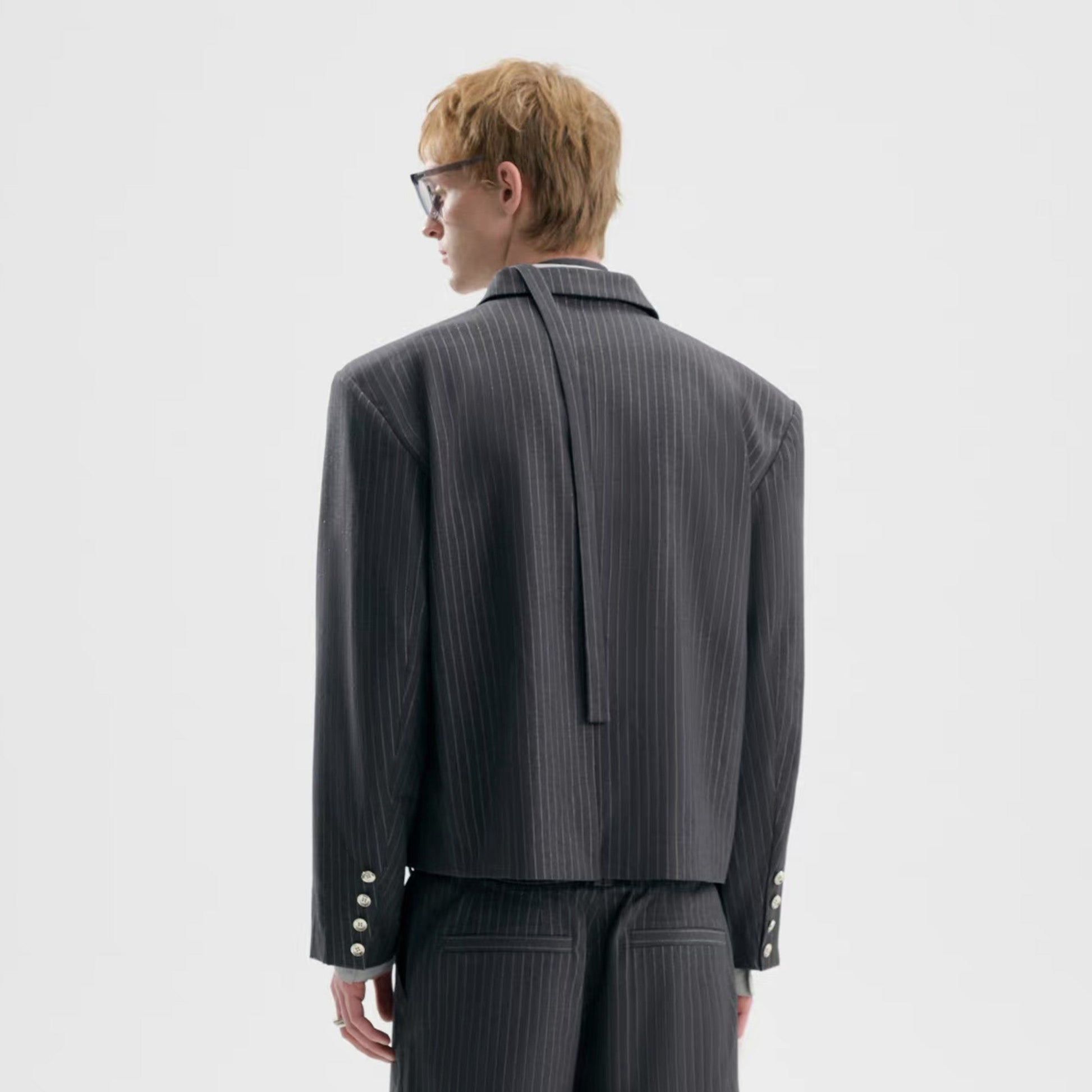 TIWILLTANG Cropped Pinstripe Strap Blazer-Jacket-S-Black-Free Shipping Leatheretro