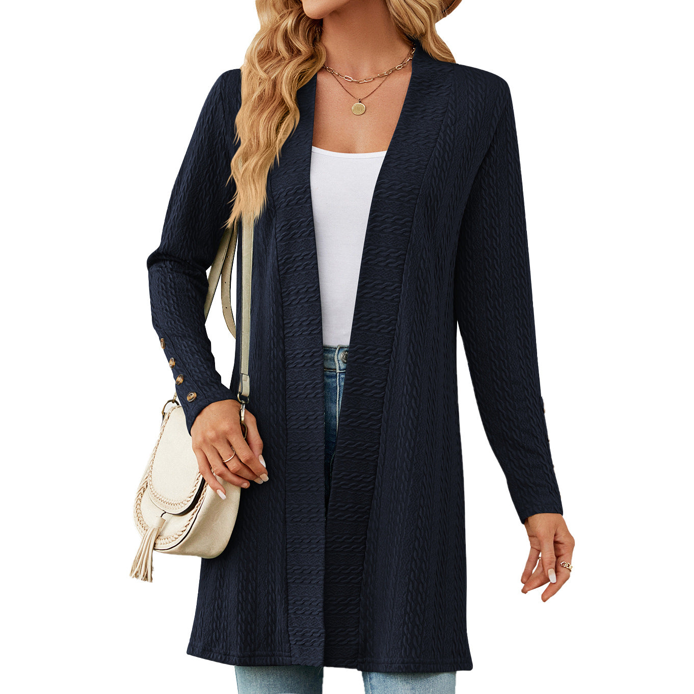 Casual Women Long Sleeves Knitted Cardigans-Sweater&Hoodies-Navy Blue-S-Free Shipping Leatheretro