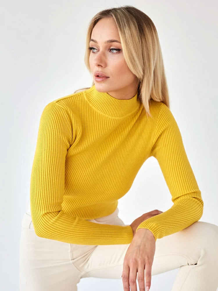 Sexy High Neck Knitted Sheath Shirts-Shirts & Tops-Yellow-One Size-Free Shipping Leatheretro