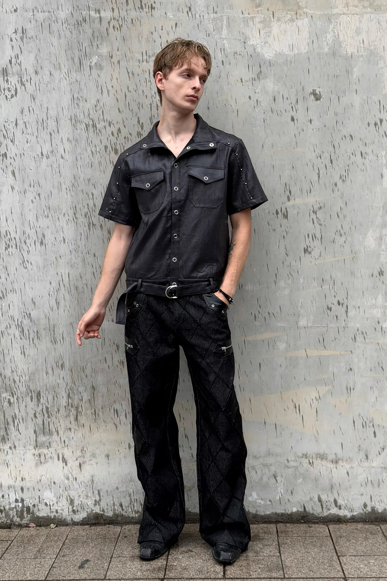 ESAIAS Studded Waxed Linen Belted Half Shirt-Half shirt-S-Free Shipping Leatheretro