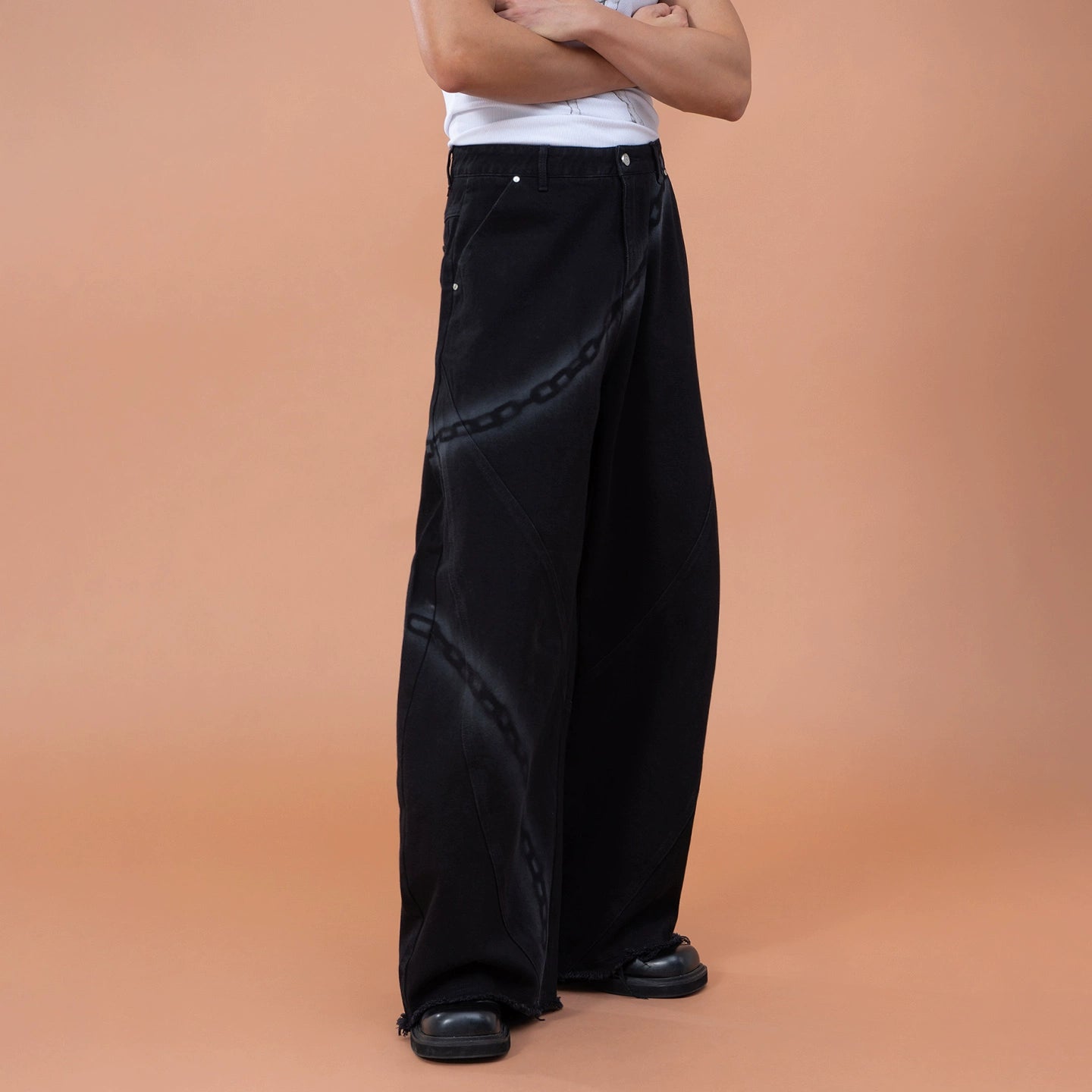 CLP Men's Black Chain Print Cargo Wide Leg Jeans-Black-S-Free Shipping Leatheretro