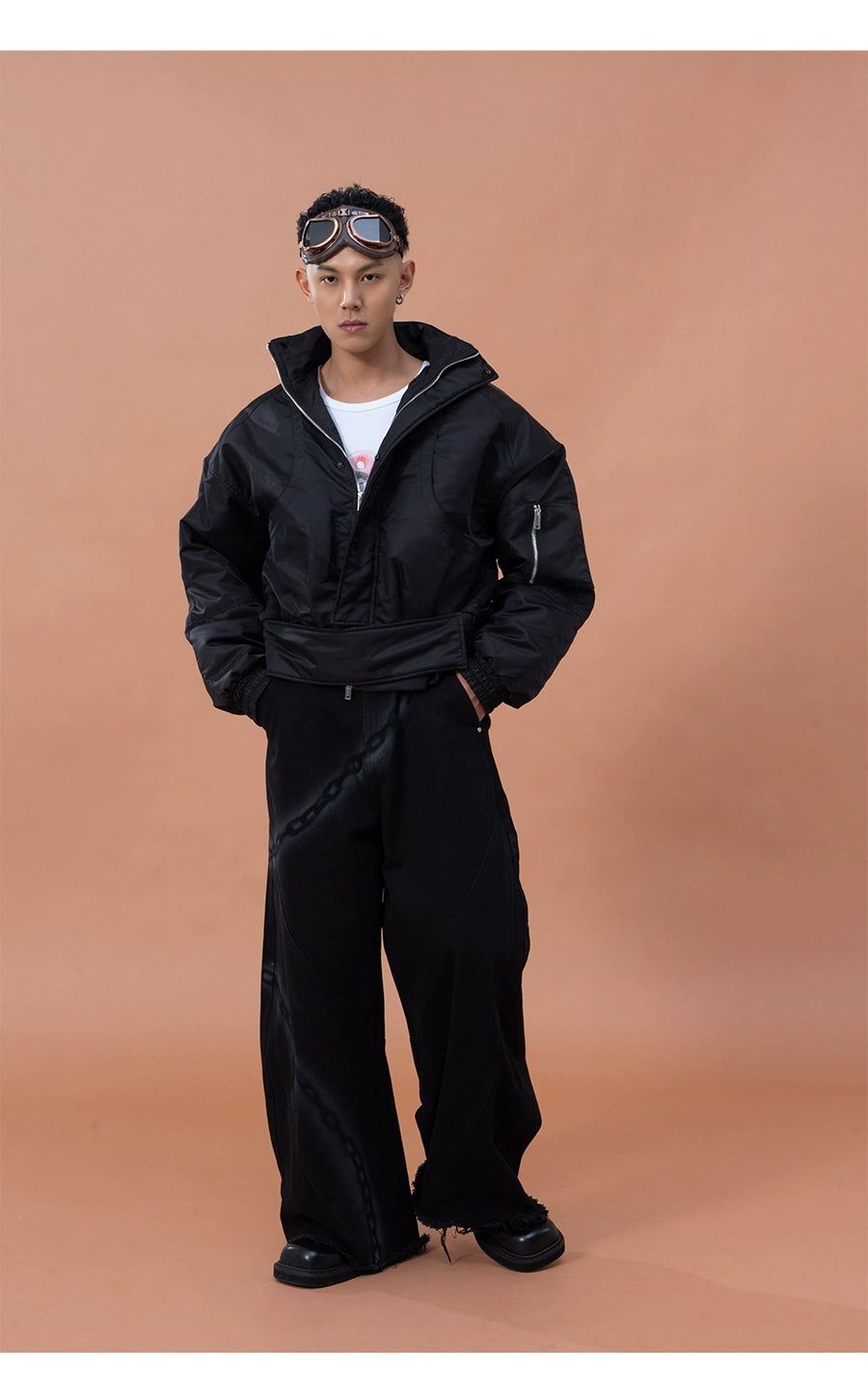 CLP Men's Black Chain Print Cargo Wide Leg Jeans-Black-S-Free Shipping Leatheretro