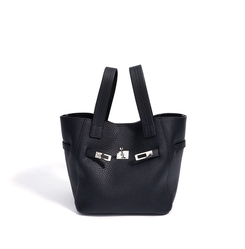 Top-Grain Leather Handbag – Stylish Basket Shoulder Bag with Lock Closure-Milkshake powder-Free Shipping Leatheretro