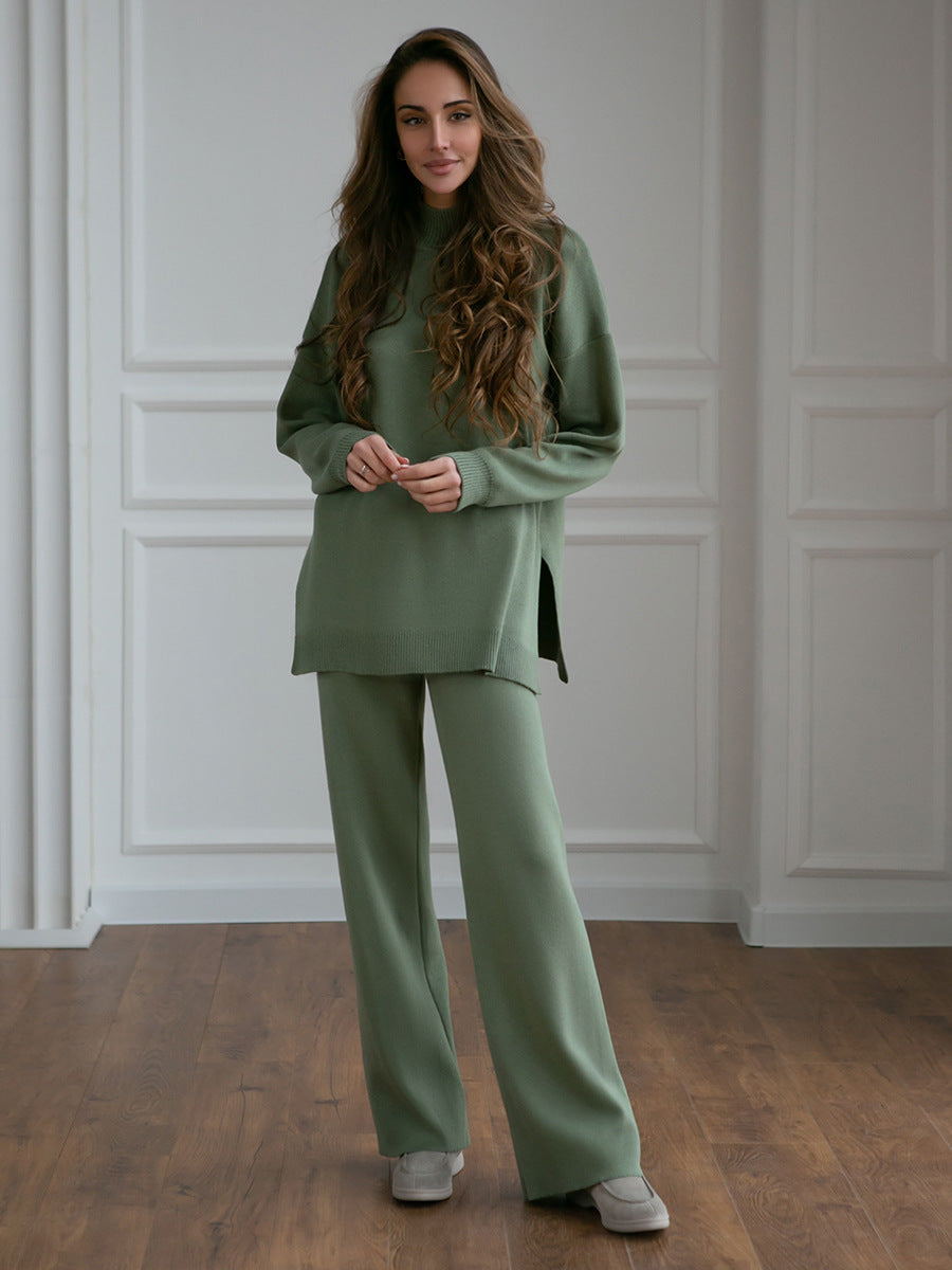 Casual High Neck Knitted Two Pieces Women Suits-Suits-Green-S-Free Shipping Leatheretro