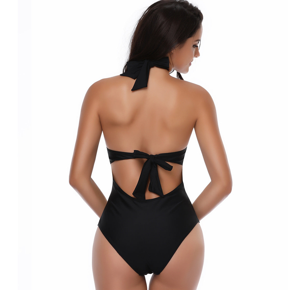 Sexy Halter Drawstring One Piece Women Swimsuit-Swimwear-Black-S-Free Shipping Leatheretro
