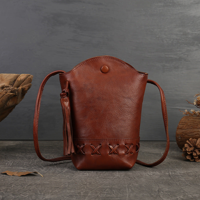 Vintage Full-Grain Cowhide Leather Woven Braided Phone Bag-crossbody bags-Brown-Free Shipping Leatheretro