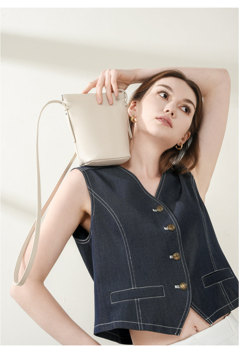 Top Grain Leather Shoulder Phone Bag for Women-Leather Phone Bags-Ivory-13*6.5*17.5-Free Shipping Leatheretro