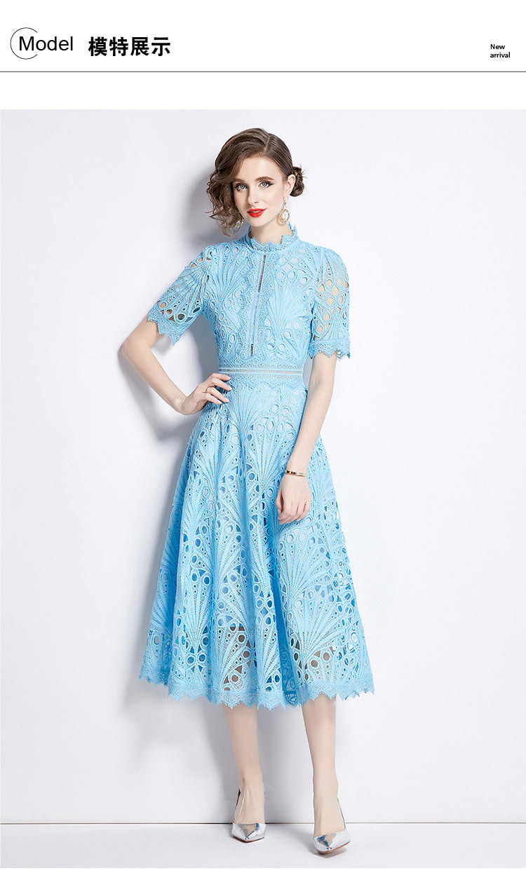 Elegant Round Neck Summer Midi Length Lace Dresses-Dresses-Lake Blue-2XL-Free Shipping Leatheretro