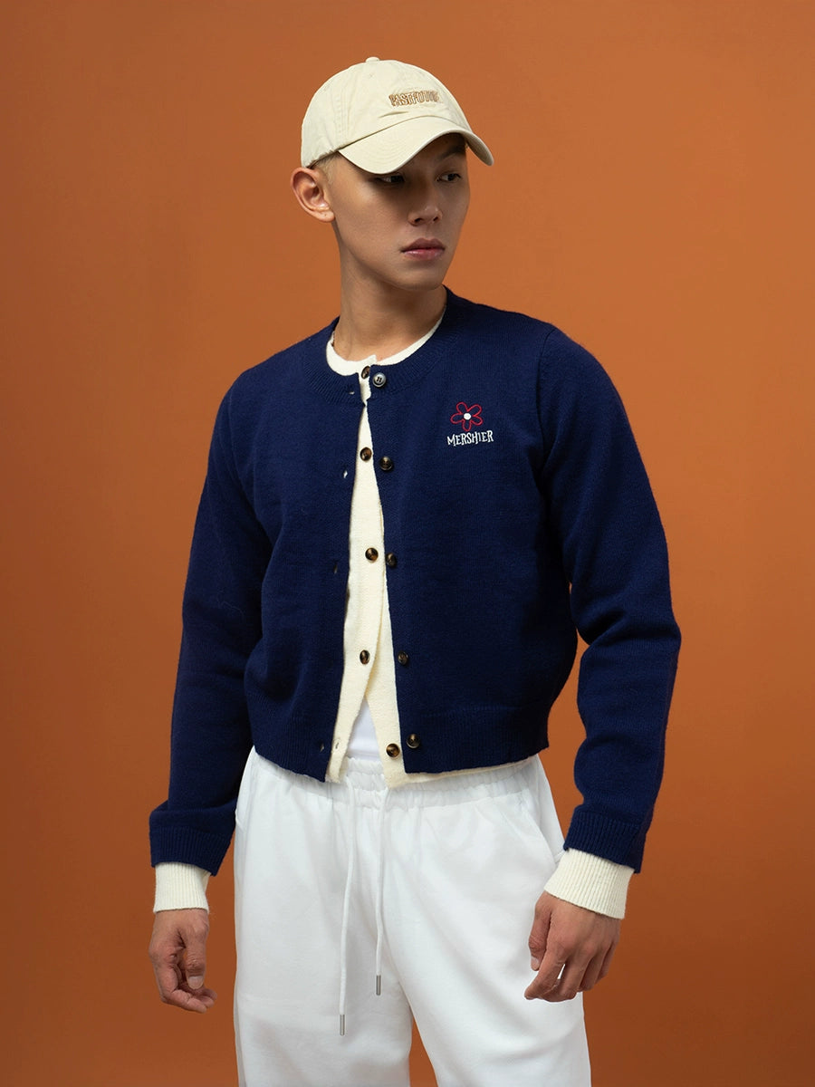 CLP Men's Two-Tone Layered Knit Cardigan Sweater-Cardigan Tops-Navy Blue-S-Free Shipping Leatheretro