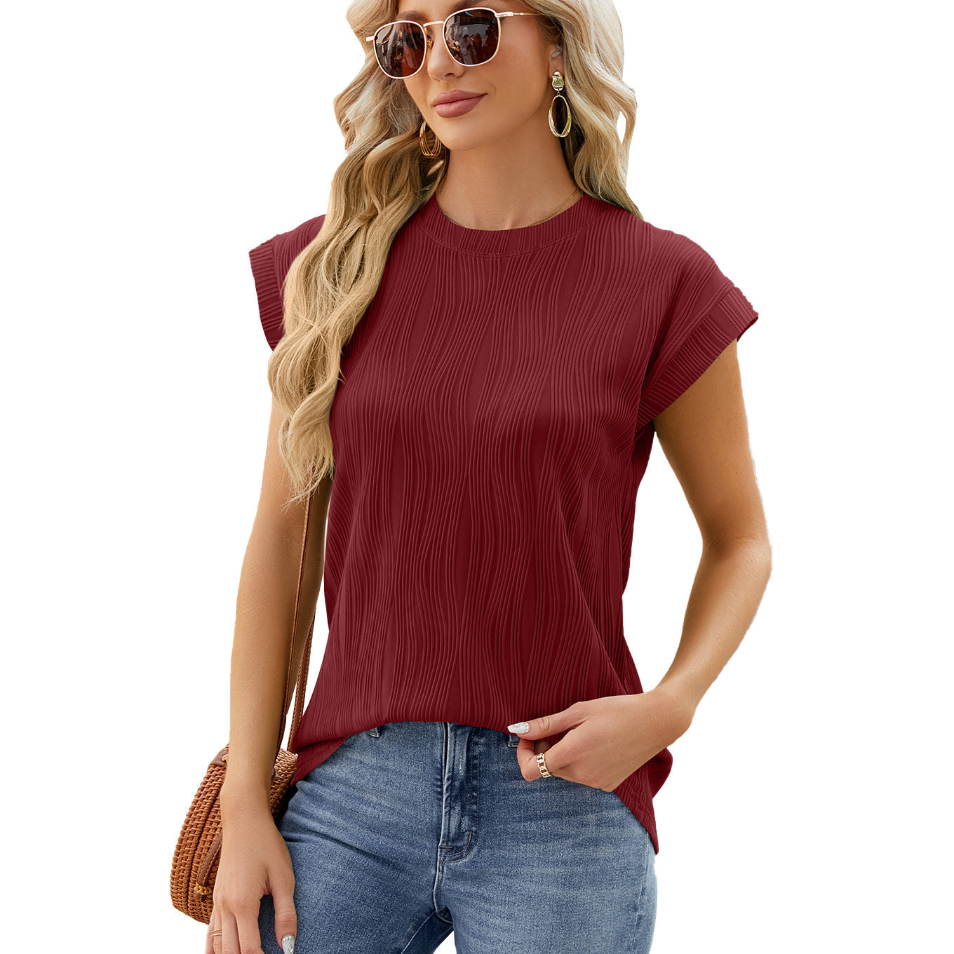 Casual Summer Short Sleeves T Shirts-Shirts & Tops-Wine Red-S-Free Shipping Leatheretro