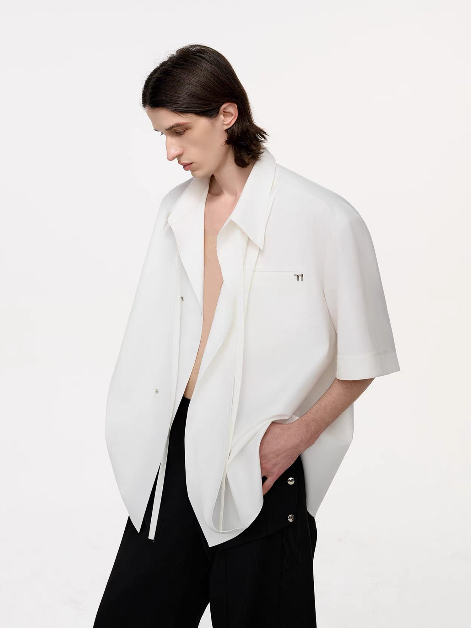 TIWILLTANG Draped Camp-Collar T Shirt-Jacket-S-Black-Free Shipping Leatheretro