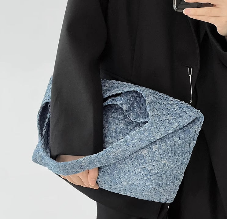 Stylish Canvas & Denim Woven Bucket Bag for Women-Light Blue 23cm-Free Shipping Leatheretro