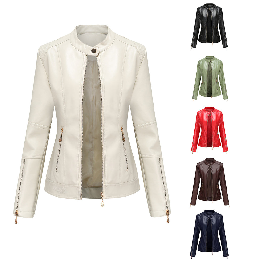 Women's Fashion Faux Leather Jacket-Off-white-S-Free Shipping Leatheretro