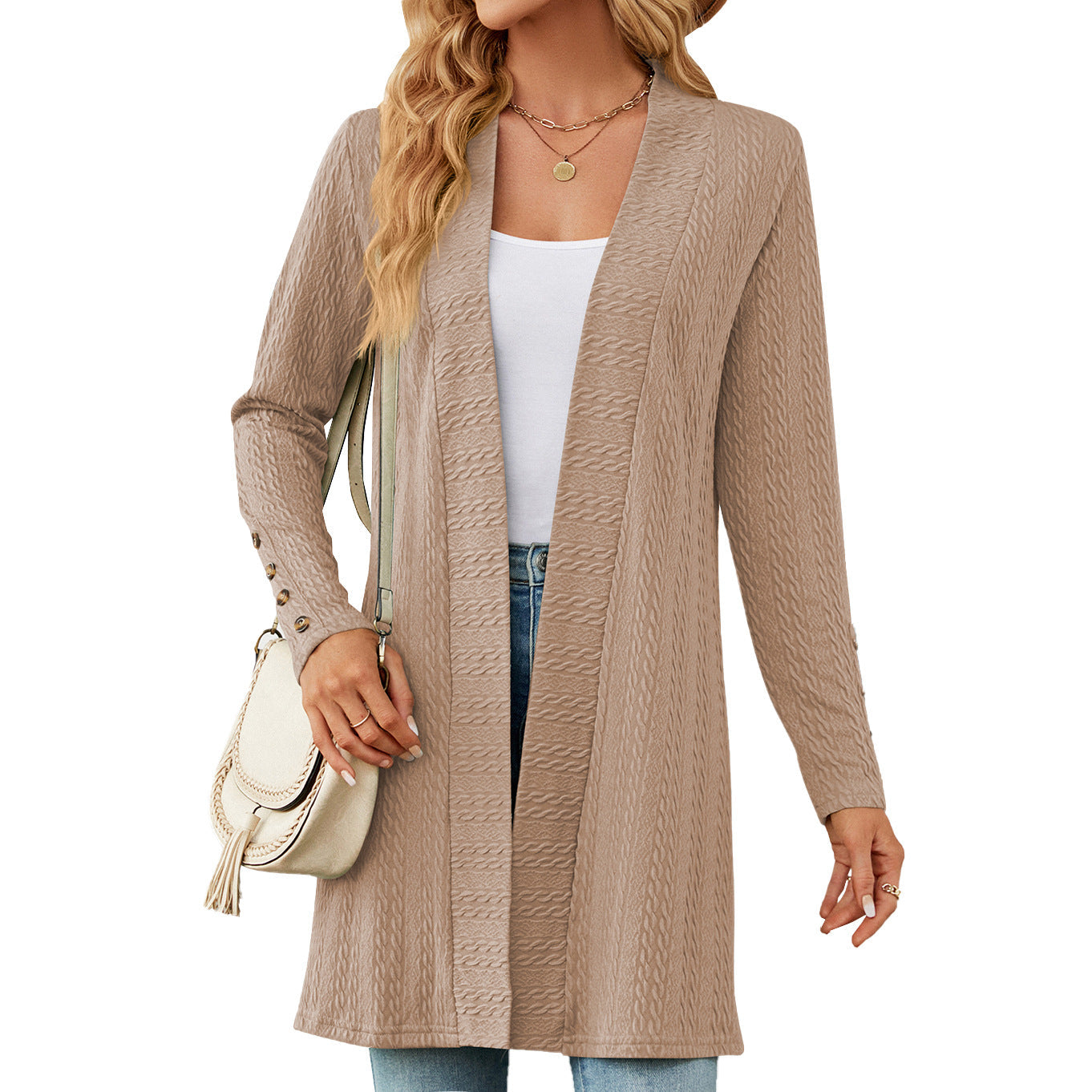 Casual Women Long Sleeves Knitted Cardigans-Sweater&Hoodies-Khaki-S-Free Shipping Leatheretro