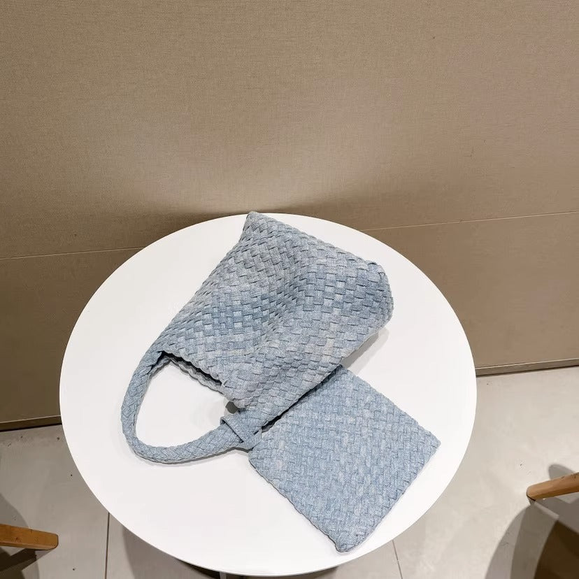 Stylish Canvas & Denim Woven Bucket Bag for Women-Light Blue 23cm-Free Shipping Leatheretro