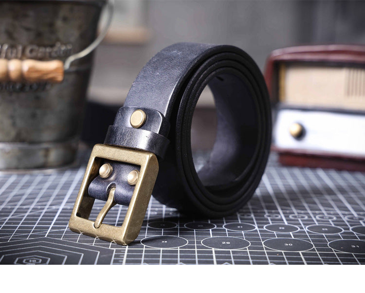 Vintage Men's Genuine Leather Belt Handmade Needle Buckle with Pure Copper Buckle Belt-Leather Belt-Dark Coffee-105cm-Free Shipping Leatheretro