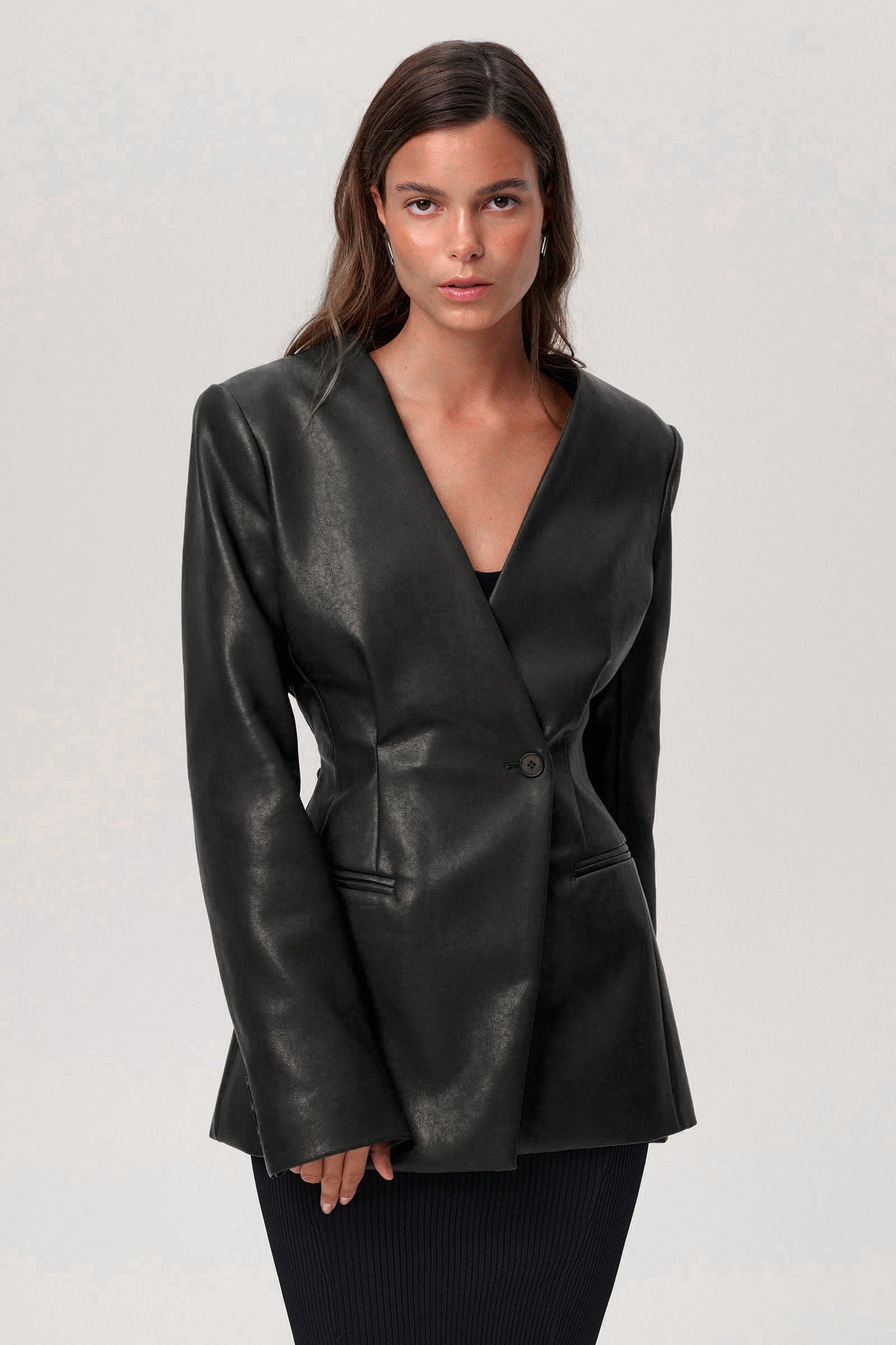 Fashionable Green V-Neck Slim-Fit Faux Leather Blazer-green-S-Free Shipping Leatheretro