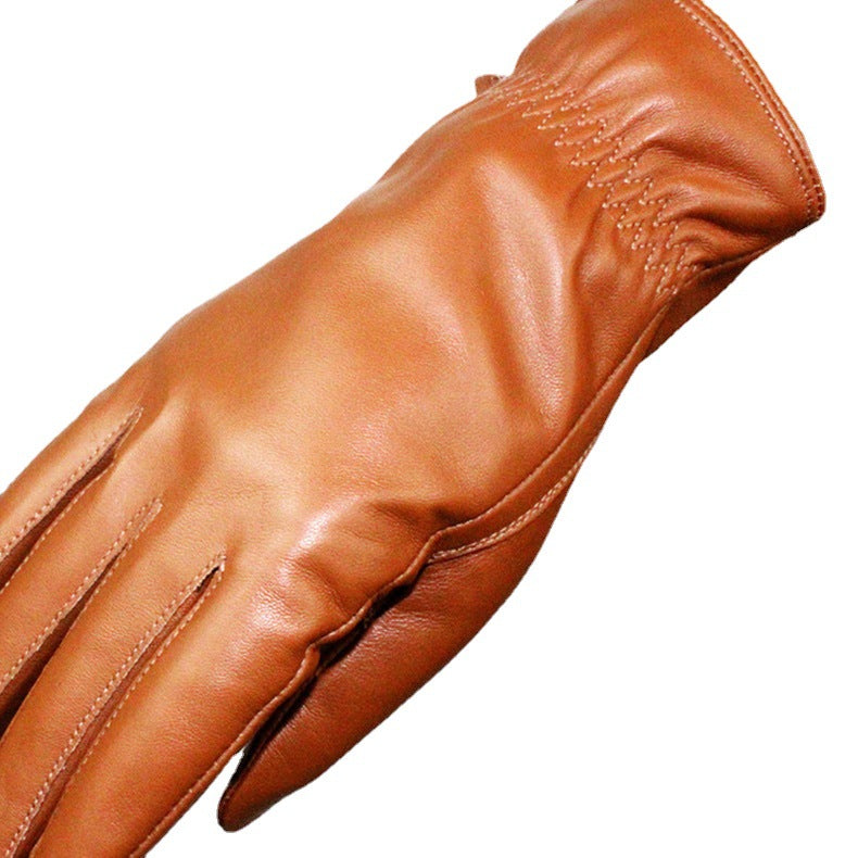 Women's Drawstring Leather Gloves – Soft Lambskin-Khaki-Free Shipping Leatheretro
