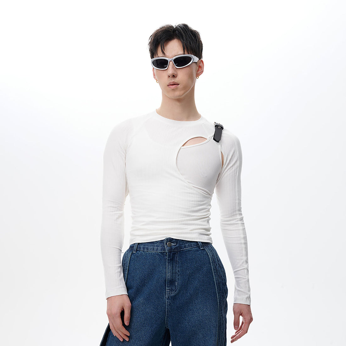 TUIMU Belted Cut-Out Ribbed Long-Sleeve Tee-L/S Tee-M-White-Free Shipping Leatheretro