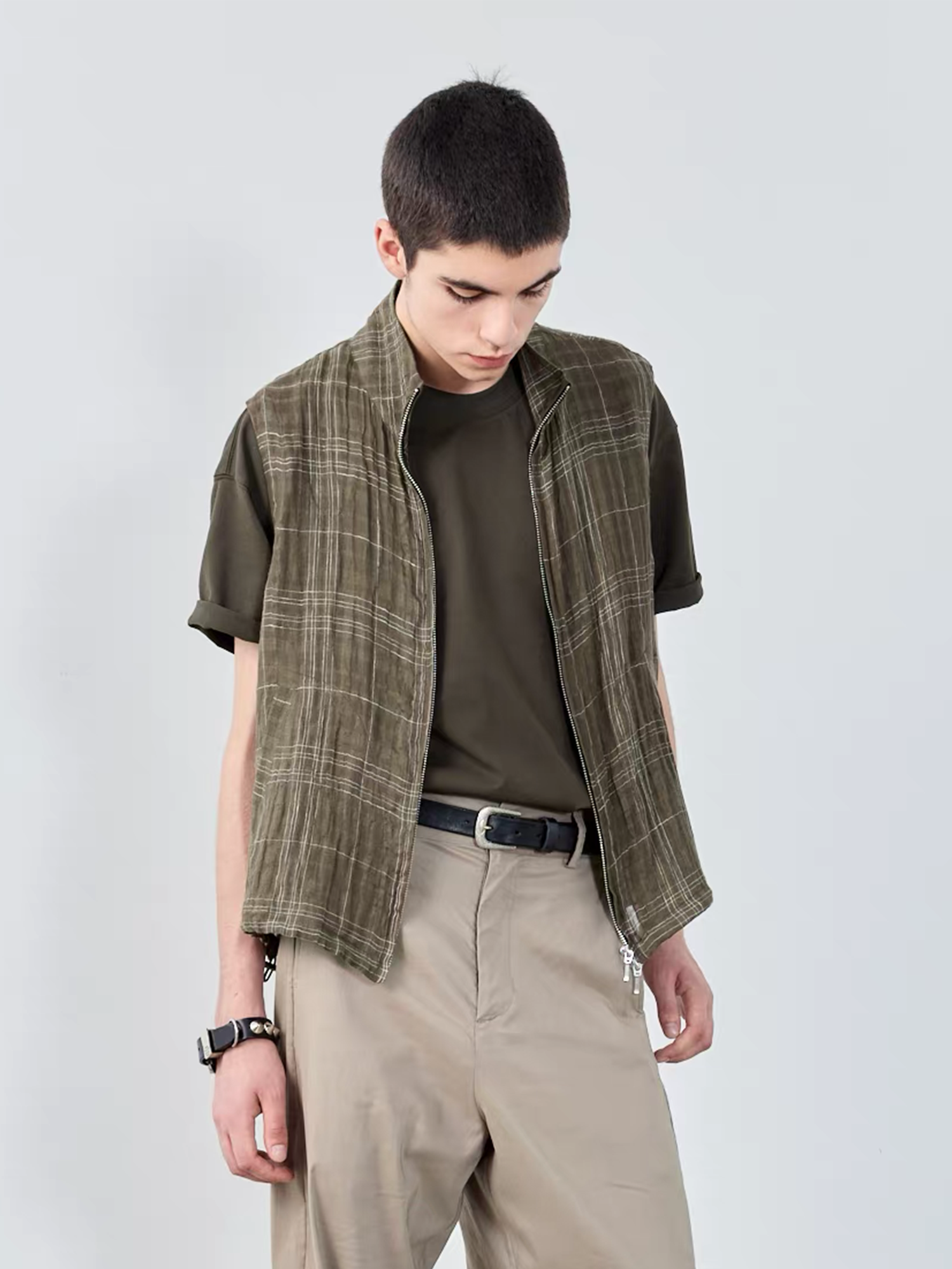 GRAINMUSTARD Linen-Cotton Plaid Vest-Vest-XS-Green-Free Shipping Leatheretro