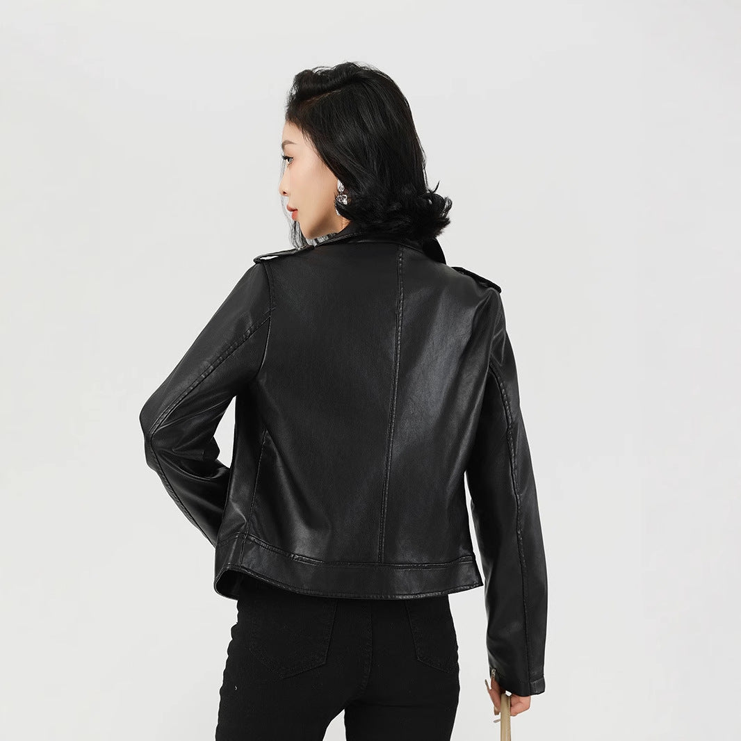 Women's Short Faux Leather Jacket-Black-S-Free Shipping Leatheretro