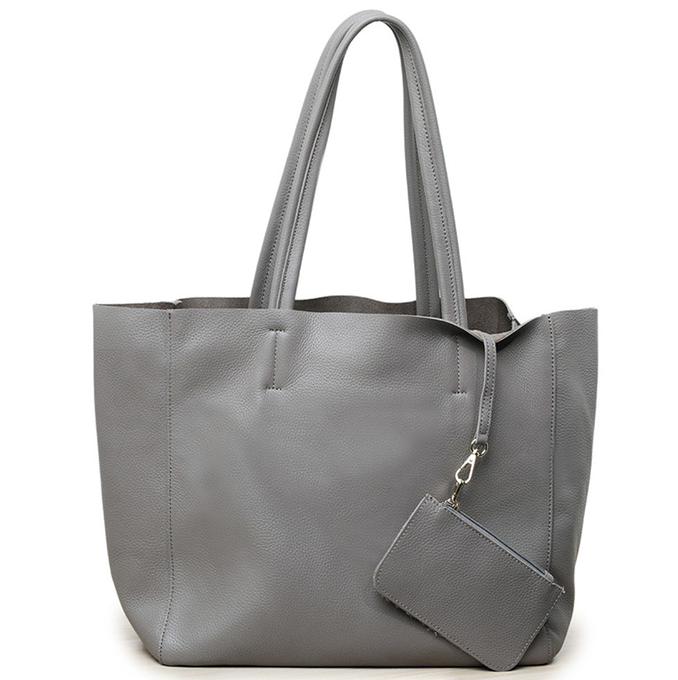 Large Capacity Tote Bag – Genuine Leather Commuter, Mom Shopping Bag-Handbags-Gray horizontal model (100% natural drop pattern cowhide on the first layer)-Free Shipping Leatheretro
