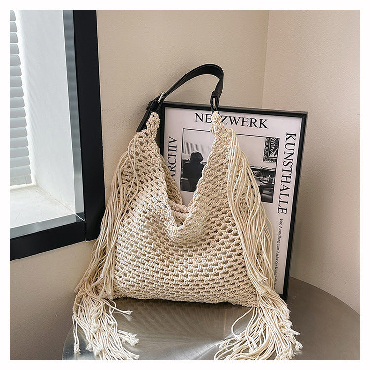Retro Fringe Handwoven Crochet Tote Bag-Black-Free Shipping Leatheretro