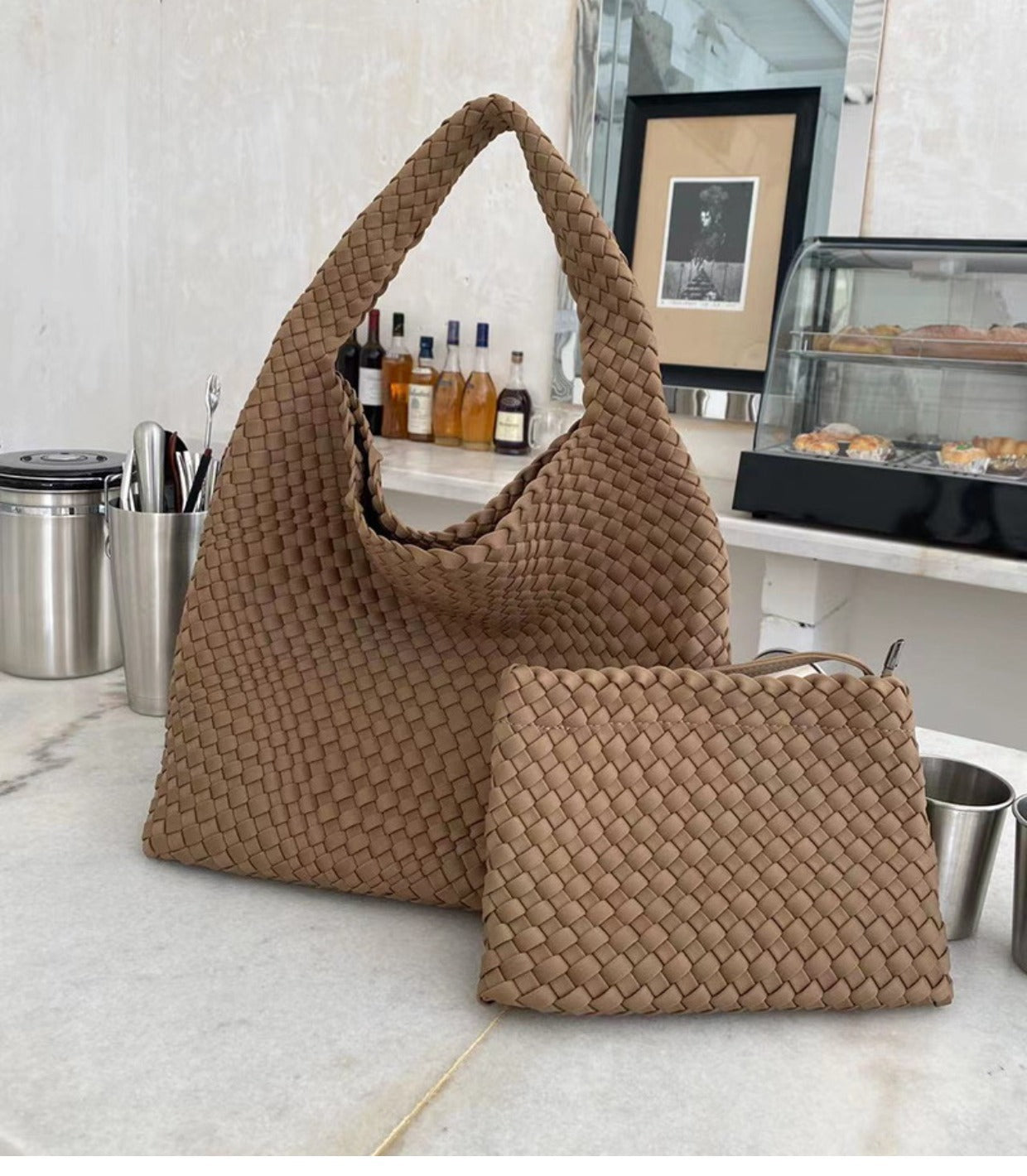 Handwoven Nylon Tote Bag for Women-Black + woven change purse-Free Shipping Leatheretro