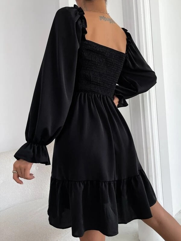 Elegant Square Neckline Long Sleeves Short Dresses-Dresses-Black-S-Free Shipping Leatheretro