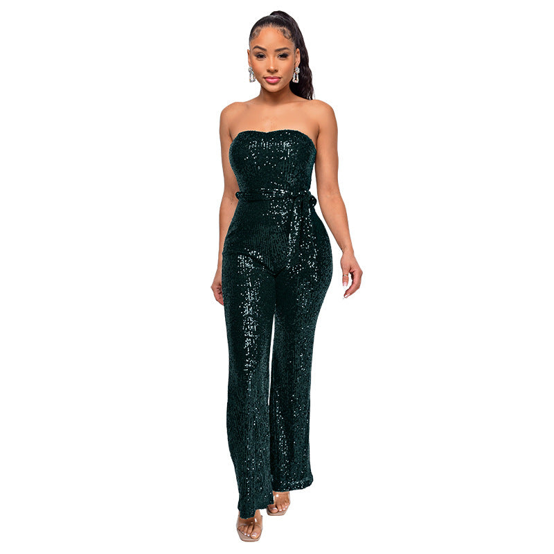 Sexy Strapless Sequined Sleeveless Jumpsuits-Suits-Dark Green-S-Free Shipping Leatheretro