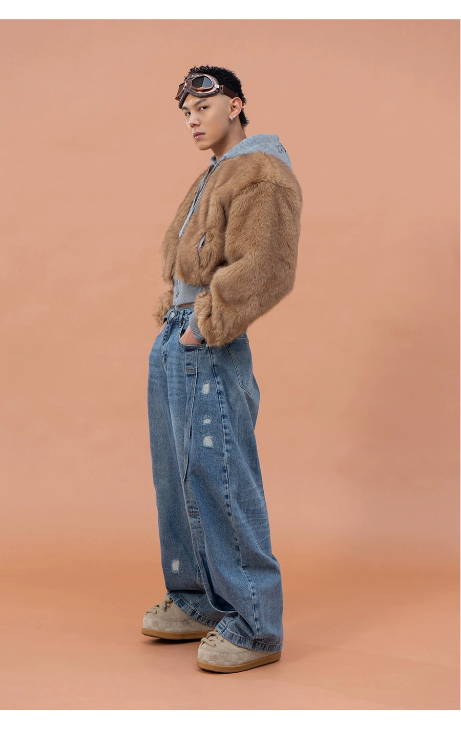 CLP Unisex Cropped Faux Fur Hoodie - Taupe Brown Zip-Up Coat-Brown-S-Free Shipping Leatheretro