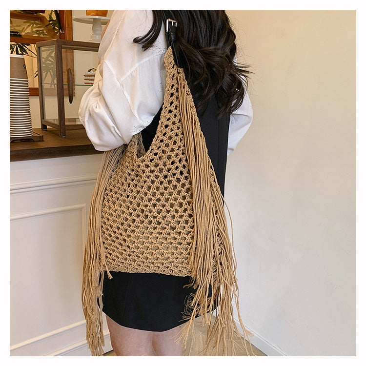 Retro Fringe Handwoven Crochet Tote Bag-Black-Free Shipping Leatheretro