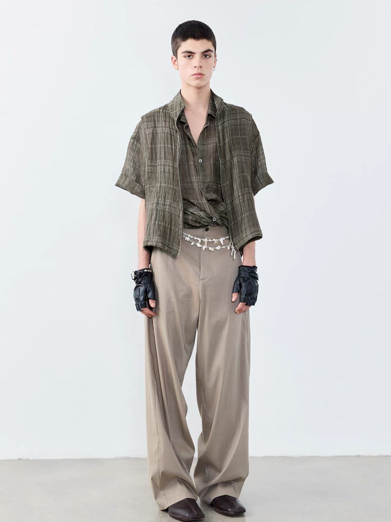 GRAINMUSTARD Linen-Cotton Plaid Half Shirt-Half shirt-XS-Green (S M for preorder)-Free Shipping Leatheretro
