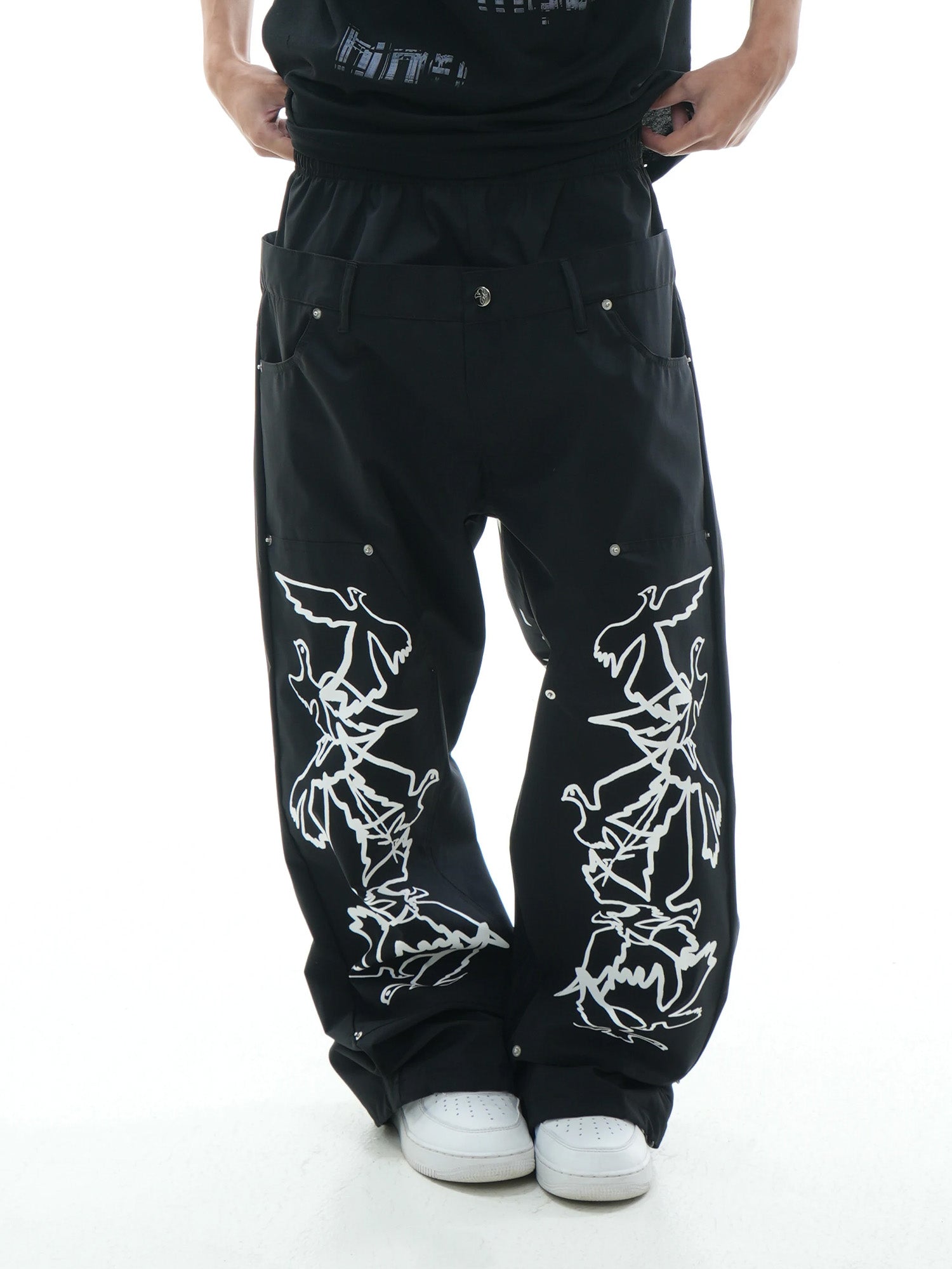 VINKID Peace Dove Graphic Double-Waist Pants-Pants-S / 27-42"-Free Shipping Leatheretro