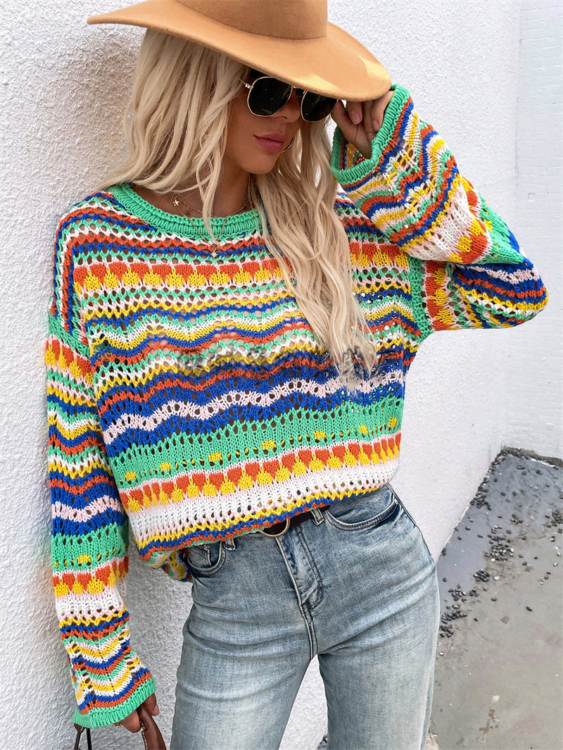 Casual Bohemian Striped Knitted Sweaters-Sweater&Hoodies-Green-S-Free Shipping Leatheretro