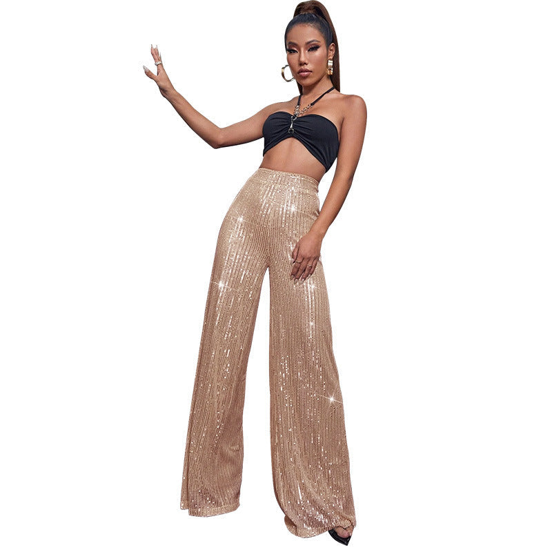 Fashion High Waist Sequin Summer Wide Legs Pants-Pants-Champagne-S-Free Shipping Leatheretro