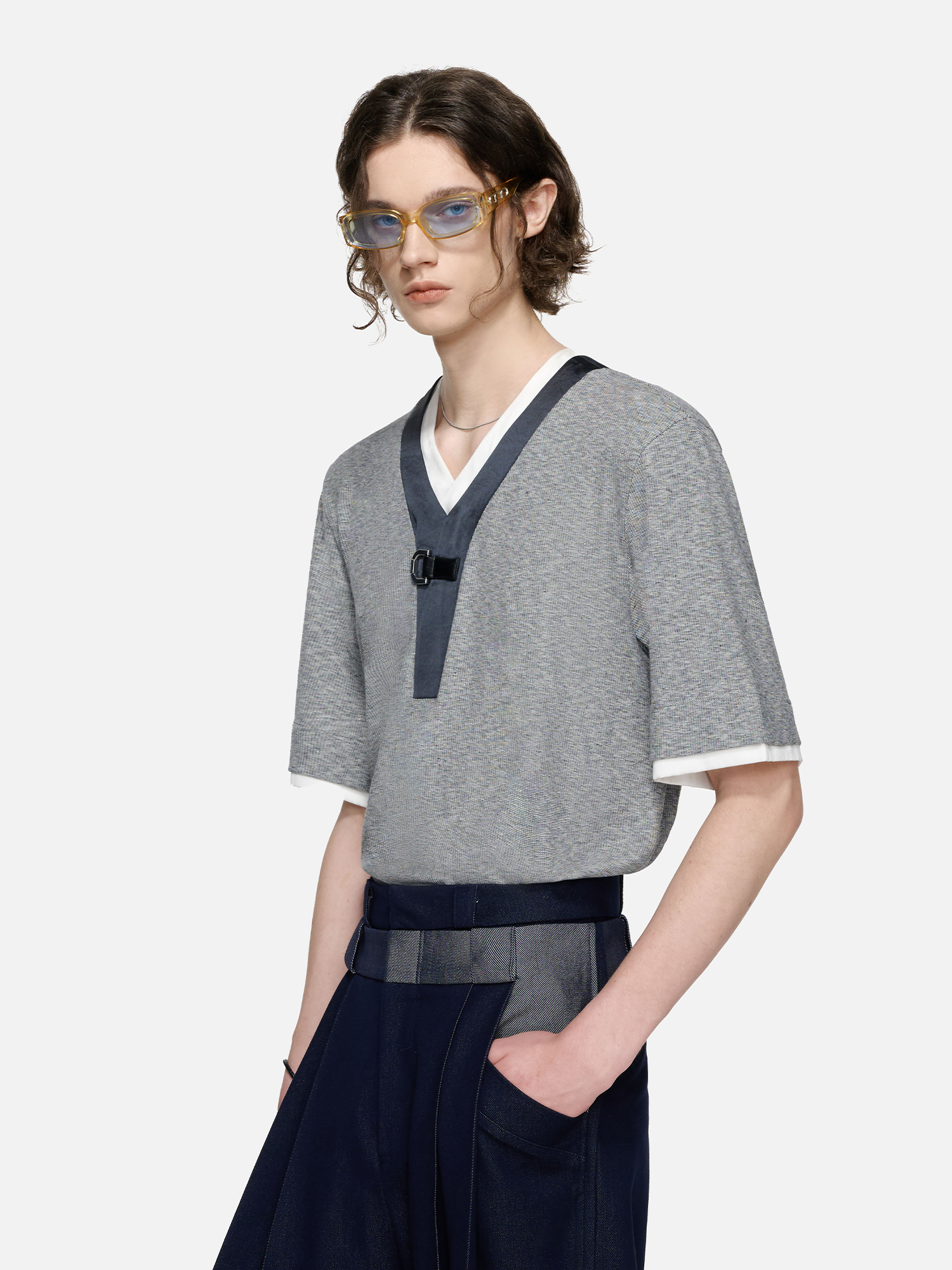 TIWILLTANG Metal Buckle Contrast Trim T-Shirt-T Shirt-S-Free Shipping Leatheretro